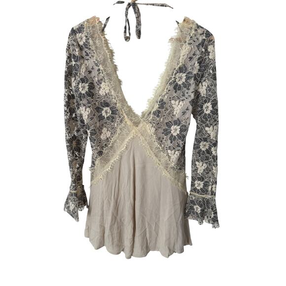 Tularosa Long Sleeve Cream Lace Tie Back Mini Dress Medium Bridal Boho Gauze - Picture 2 of 4